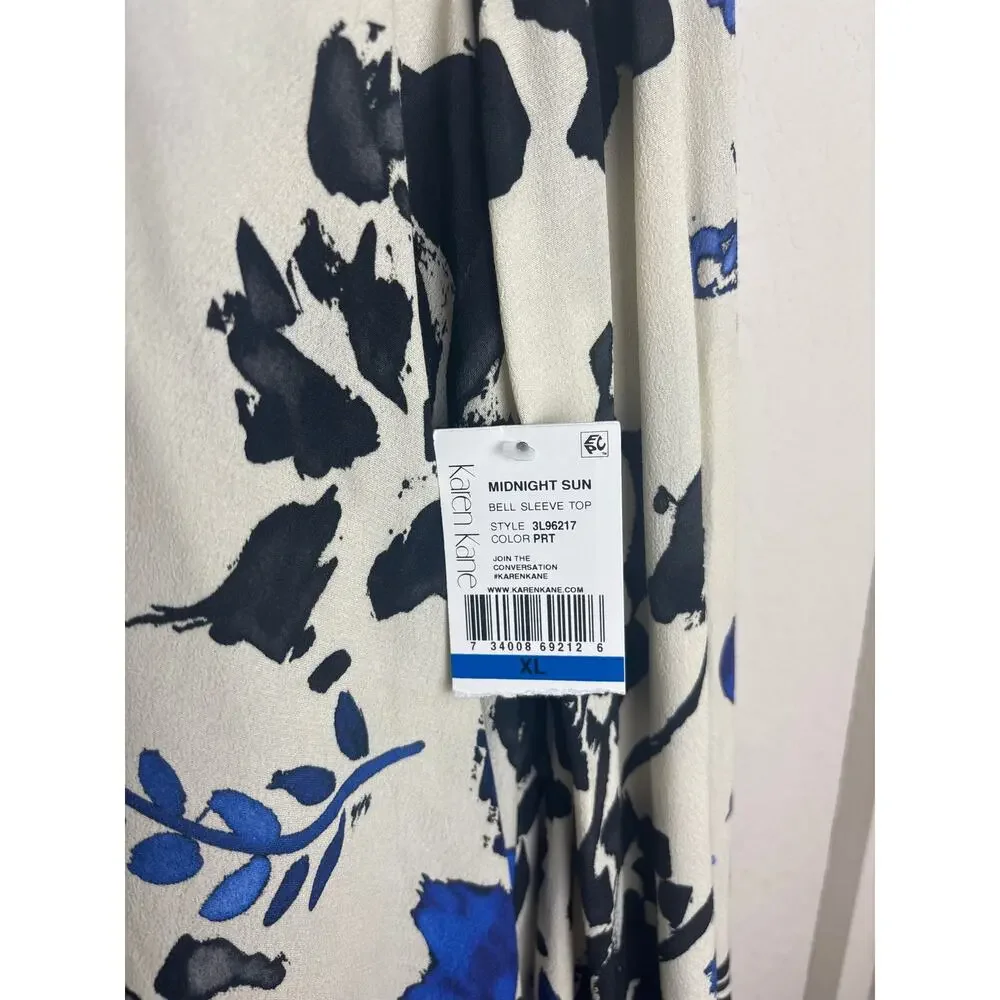 NWT Karen Kane Midnight Sun Bell Sleeve Top XL Blue Black Floral